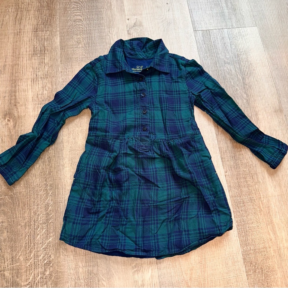 EUC Vineyard Vines Kids Blue and Green Plaid Shirt Dress 4T